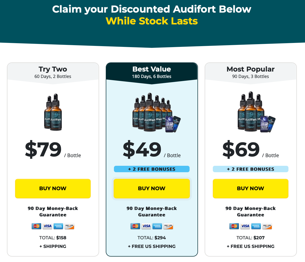 Audifort current package offer showing 2-, 3- and 6-bottle options